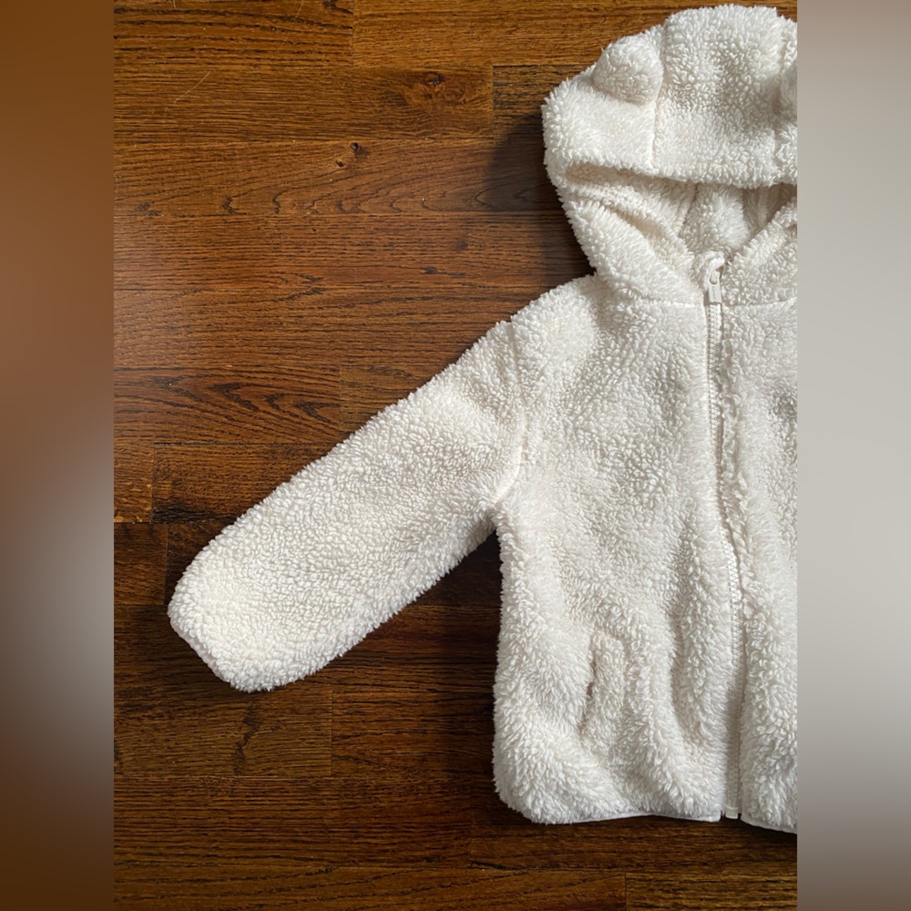 3T toddler girl sherpa fleece zip up hoodie Old Navy Cream White Jacket bear ear - Picture 3 of 16